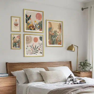5 paveikslų rinkinys su rėmais abstrakčių boho augalų motyvų