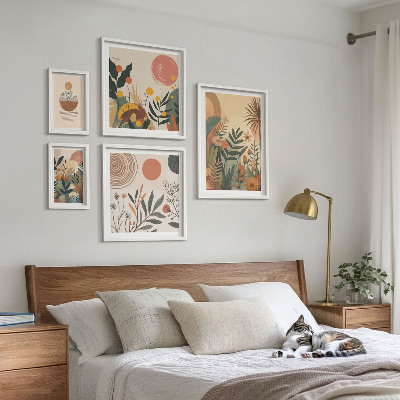 5 paveikslų rinkinys su rėmais Abstraktūs boho augalų motyvai