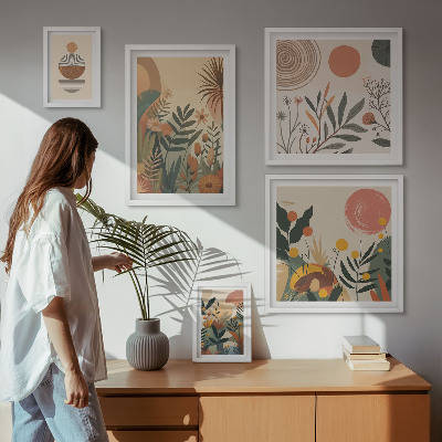 5 paveikslų rinkinys su rėmais Abstraktūs boho augalų motyvai
