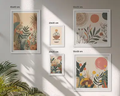 5 paveikslų rinkinys su rėmais abstrakčių boho augalų motyvų
