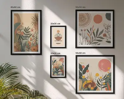 5 paveikslų rinkinys su rėmais abstrakčių boho augalų motyvų