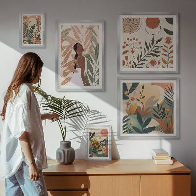 Paveikslų rinkinys miegamajam Boho stilius su augaline figūra
