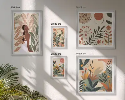 Paveikslų rinkinys miegamajam boho stiliaus su augalų motyvais