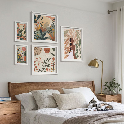 Paveikslų rinkinys miegamajam Boho stilius su augaline figūra