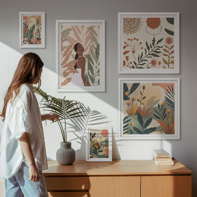 Paveikslų rinkinys miegamajam Boho stilius su augaline figūra