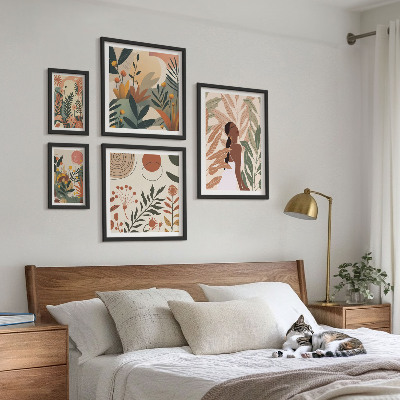 Paveikslų rinkinys miegamajam Boho stilius su augaline figūra