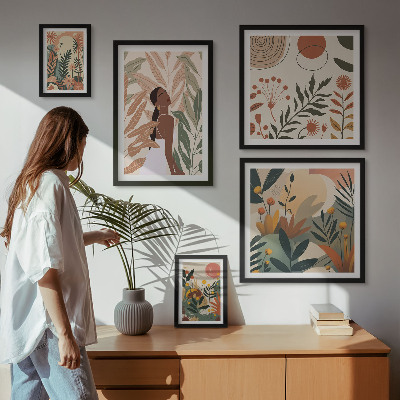 Paveikslų rinkinys miegamajam Boho stilius su augaline figūra