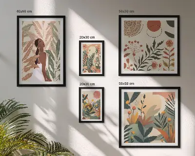 Paveikslų rinkinys miegamajam boho stiliaus su augalų motyvais