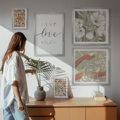 5 paveikslų rinkinys su rėmais Stilingi gėlių grafikos šūkiai