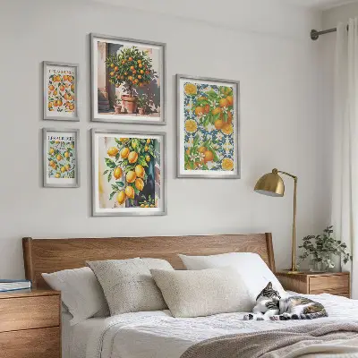 5 paveikslų rinkinys su rėmais vintažinės citrusinių vaisių gėlės