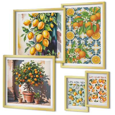 5 paveikslų rinkinys su rėmais Citrusinių vaisių gėlės vintažiniai