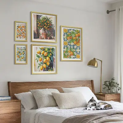 5 paveikslų rinkinys su rėmais vintažinės citrusinių vaisių gėlės