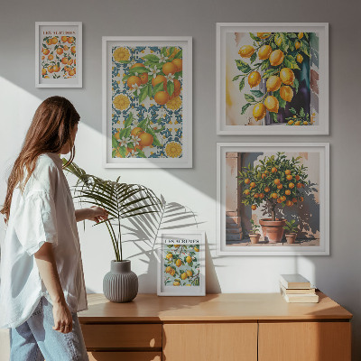 5 paveikslų rinkinys su rėmais Citrusinių vaisių gėlės vintažiniai