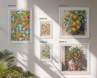 5 paveikslų rinkinys su rėmais vintažinės citrusinių vaisių gėlės