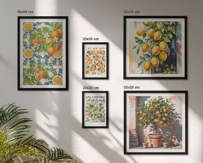 5 paveikslų rinkinys su rėmais vintažinės citrusinių vaisių gėlės