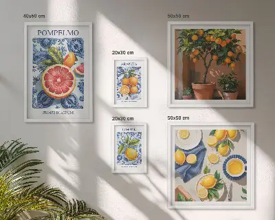 Sieninė paveikslų galerija vintažinės citrusinių vaisių dekoracijos