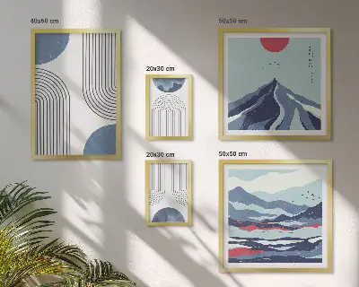 Paveikslų rinkinys miegamajam su abstrakčia peizažų geometrija