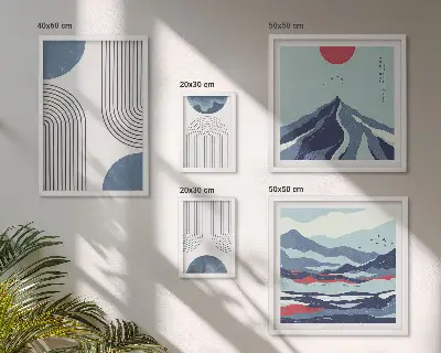 Paveikslų rinkinys miegamajam su abstrakčia peizažų geometrija