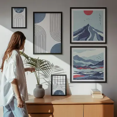 Paveikslų rinkinys miegamajam su abstrakčia peizažų geometrija