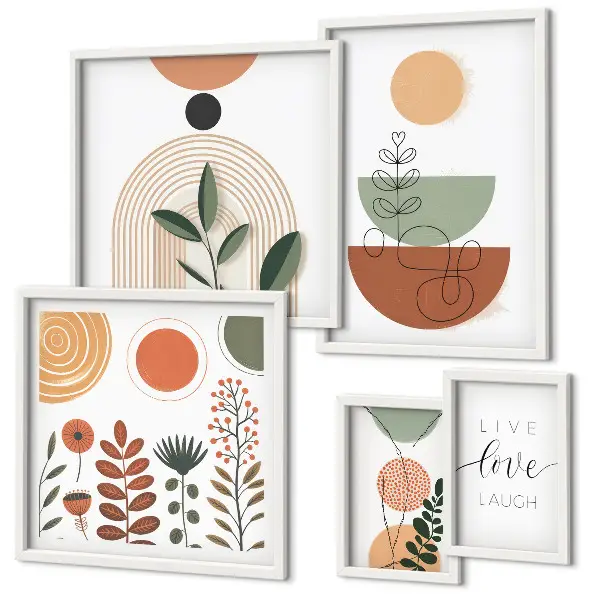 Sieninė paveikslų galerija stilinga augalų ir geometrinės grafikos kompozicija