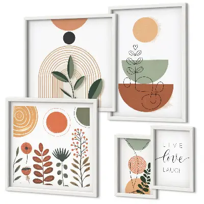 Sieninė paveikslų galerija stilinga augalų ir geometrinės grafikos kompozicija