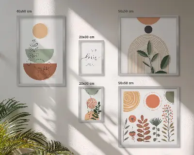 Sieninė paveikslų galerija stilinga augalų ir geometrinės grafikos kompozicija