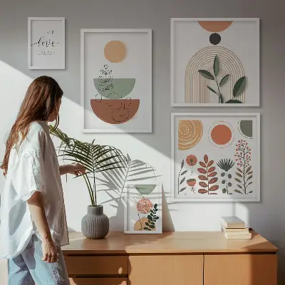 Sieninė paveikslų galerija stilinga augalų ir geometrinės grafikos kompozicija