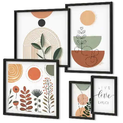 Sieninė paveikslų galerija stilinga augalų ir geometrinės grafikos kompozicija