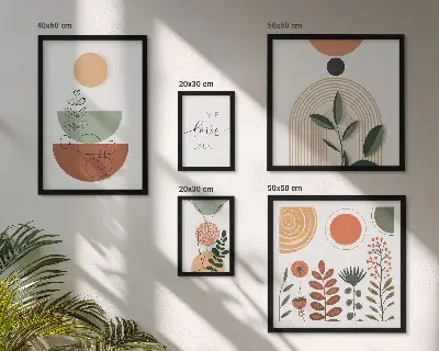 Sieninė paveikslų galerija stilinga augalų ir geometrinės grafikos kompozicija