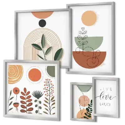 Sieninė paveikslų galerija stilinga augalų ir geometrinės grafikos kompozicija