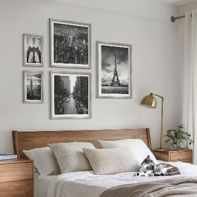 5 paveikslų rinkinys su rėmais Juodai baltos architektūros piktogramos