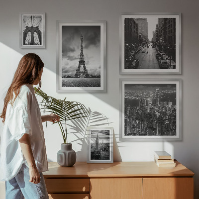 5 paveikslų rinkinys su rėmais Juodai baltos architektūros piktogramos
