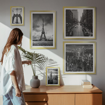5 paveikslų rinkinys su rėmais Juodai baltos architektūros piktogramos