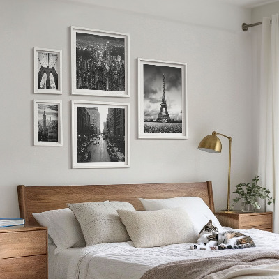 5 paveikslų rinkinys su rėmais Juodai baltos architektūros piktogramos
