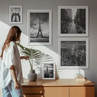5 paveikslų rinkinys su rėmais juodai baltos architektūros simboliai