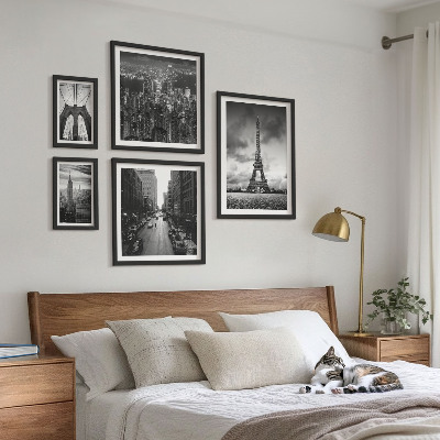 5 paveikslų rinkinys su rėmais Juodai baltos architektūros piktogramos