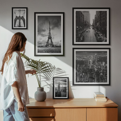 5 paveikslų rinkinys su rėmais Juodai baltos architektūros piktogramos