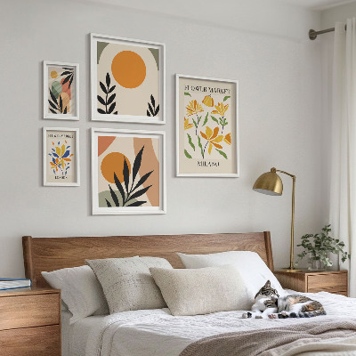 5 paveikslų rinkinys su rėmais Abstrakčios gėlės bohemiško stiliaus