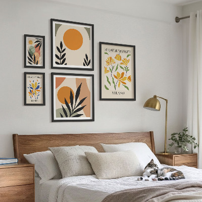 5 paveikslų rinkinys su rėmais Abstrakčios gėlės bohemiško stiliaus