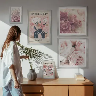 Sieninė paveikslų galerija gėlių boho stiliaus dekoracijos
