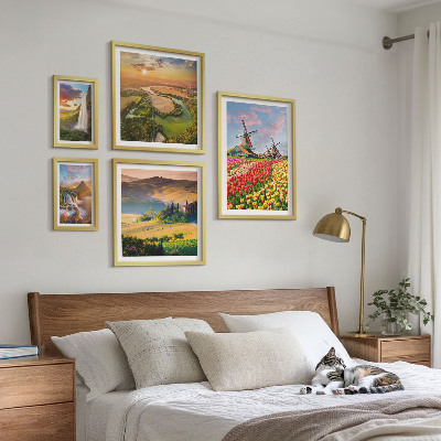 Paveikslų rinkinys miegamajam Gamtos peizažai, kriokliai, vėjo malūnai