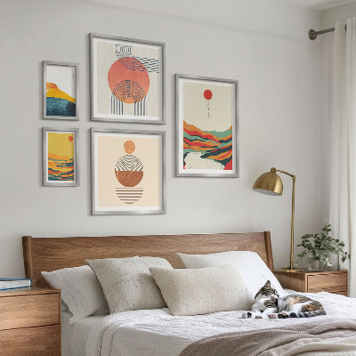5 paveikslų rinkinys su rėmais Abstraktūs geometriniai peizažai