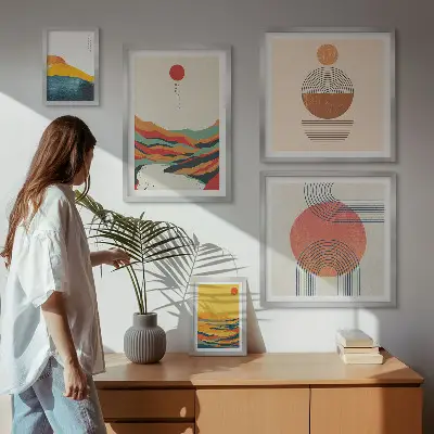 Abstraktūs geometriniai peizažai 5 paveikslų rinkinys su rėmais