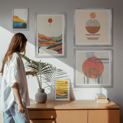 5 paveikslų rinkinys su rėmais Abstraktūs geometriniai peizažai