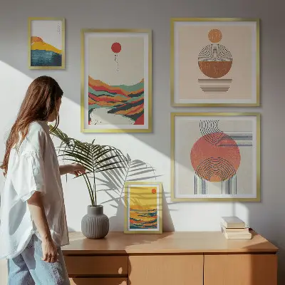 Abstraktūs geometriniai peizažai 5 paveikslų rinkinys su rėmais