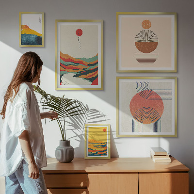 5 paveikslų rinkinys su rėmais Abstraktūs geometriniai peizažai