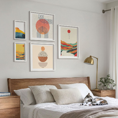 5 paveikslų rinkinys su rėmais Abstraktūs geometriniai peizažai