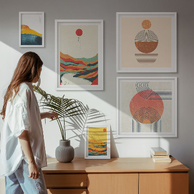 5 paveikslų rinkinys su rėmais Abstraktūs geometriniai peizažai