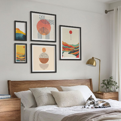5 paveikslų rinkinys su rėmais Abstraktūs geometriniai peizažai