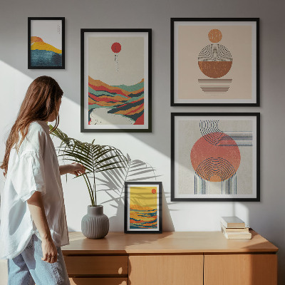 5 paveikslų rinkinys su rėmais Abstraktūs geometriniai peizažai